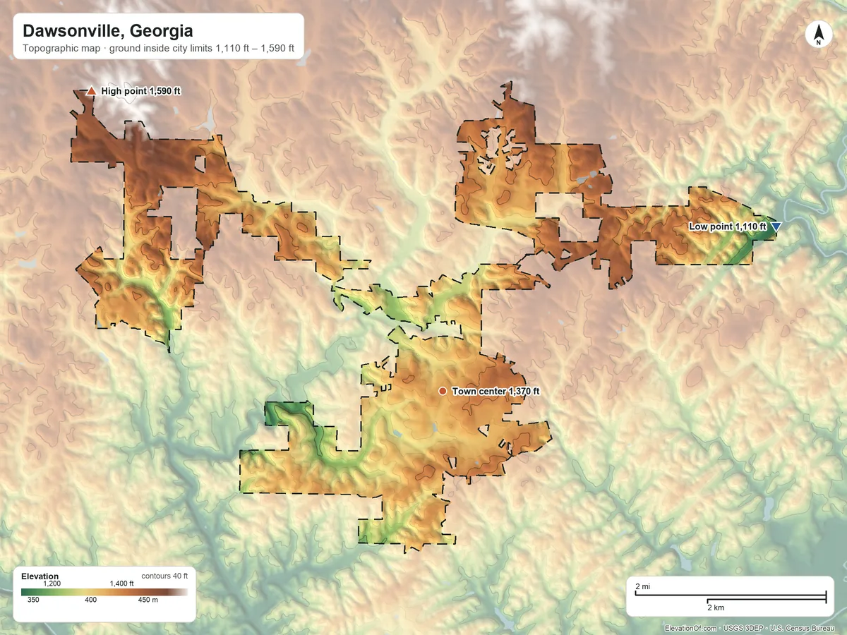 Topographic elevation map of Dawsonville, Georgia, shaded from 1,110 ft on the northeast side to 1,590 ft on the northwest side