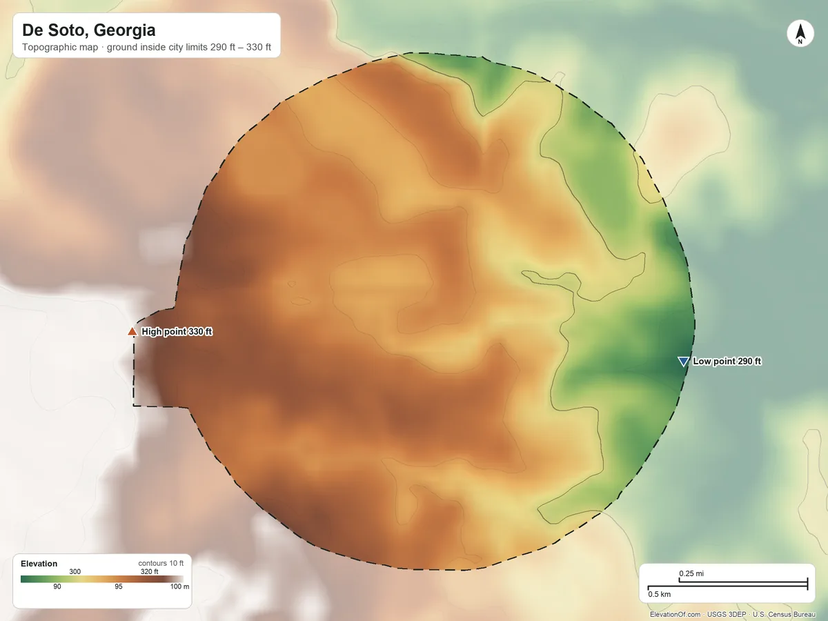 Topographic elevation map of De Soto, Georgia, shaded from 290 ft on the east side to 330 ft on the west side