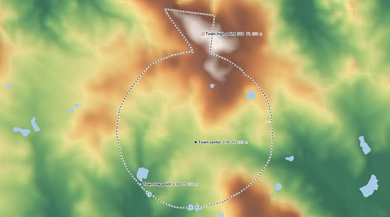 Topographic elevation map of Dearing, Georgia, shaded from 430 ft on the southwest side to 560 ft on the north side