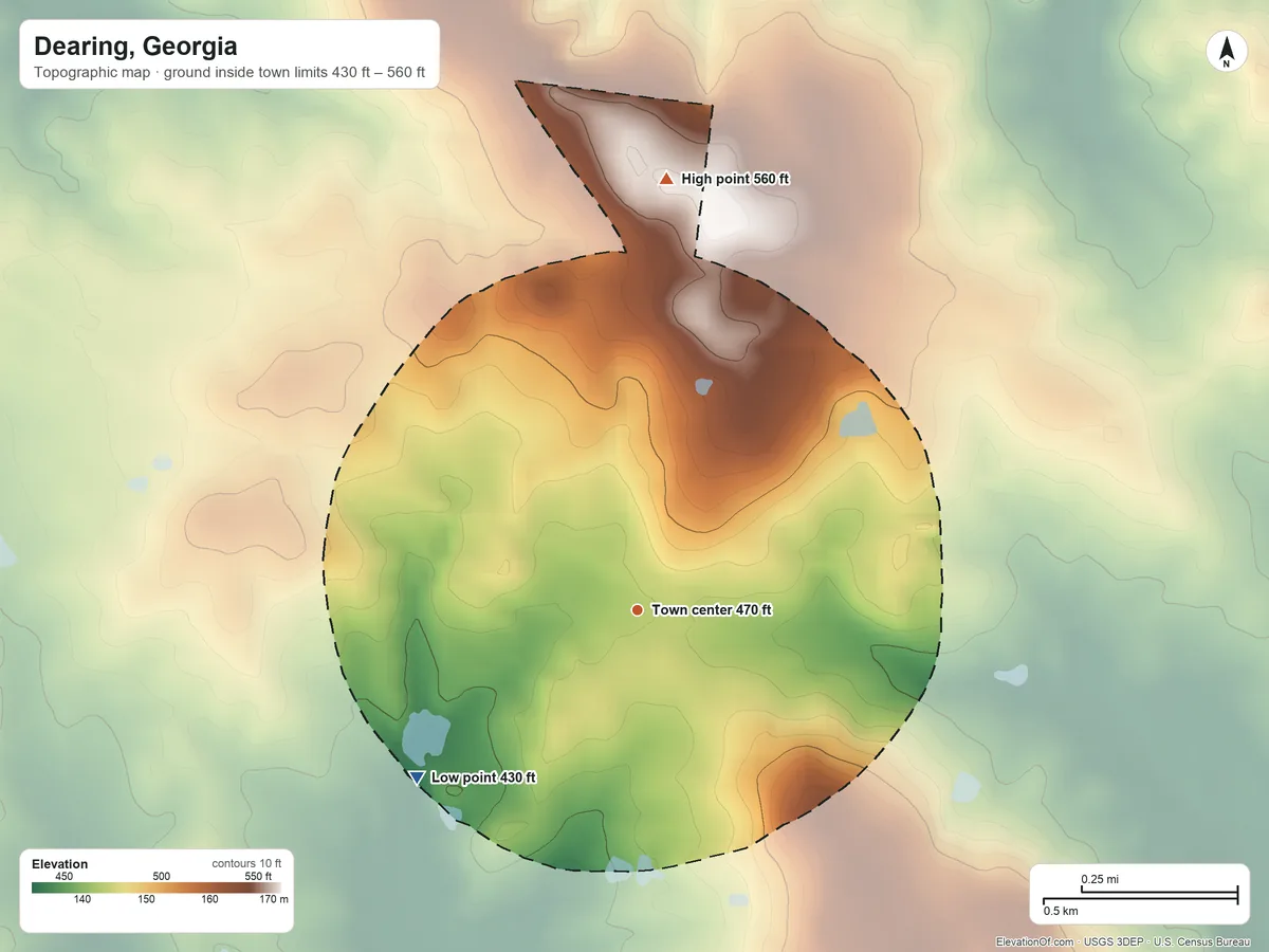 Topographic elevation map of Dearing, Georgia, shaded from 430 ft on the southwest side to 560 ft on the north side