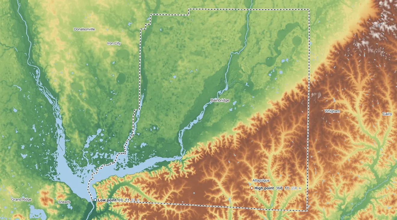Topographic elevation map of Decatur County, Georgia, shaded from 69 ft on the southwest side to 360 ft on the southeast side