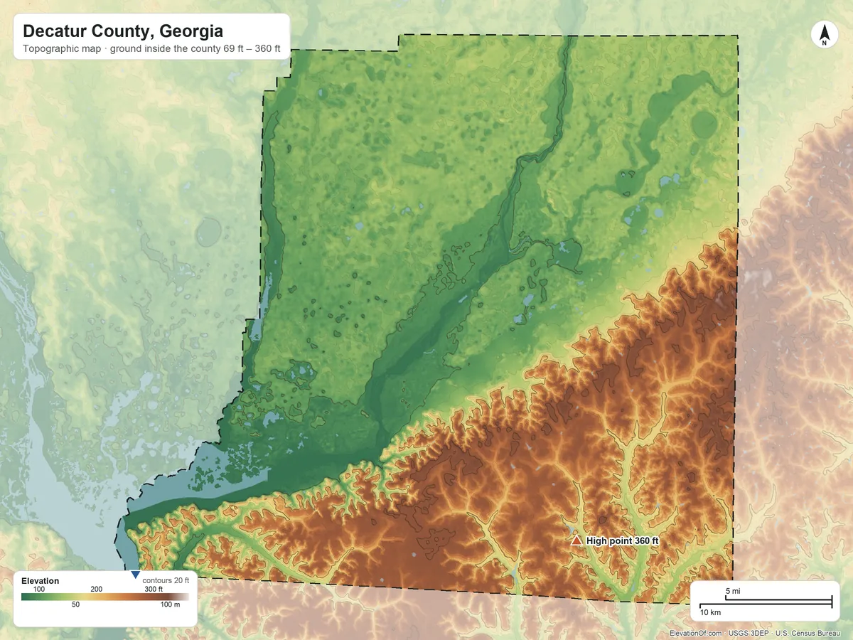 Topographic elevation map of Decatur County, Georgia, shaded from 69 ft on the southwest side to 360 ft on the southeast side