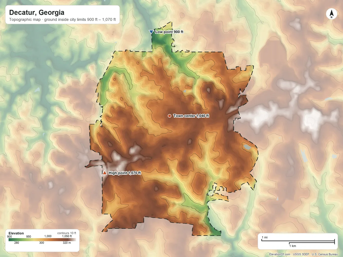 Topographic elevation map of Decatur, Georgia, shaded from 900 ft on the north side to 1,070 ft on the southwest side