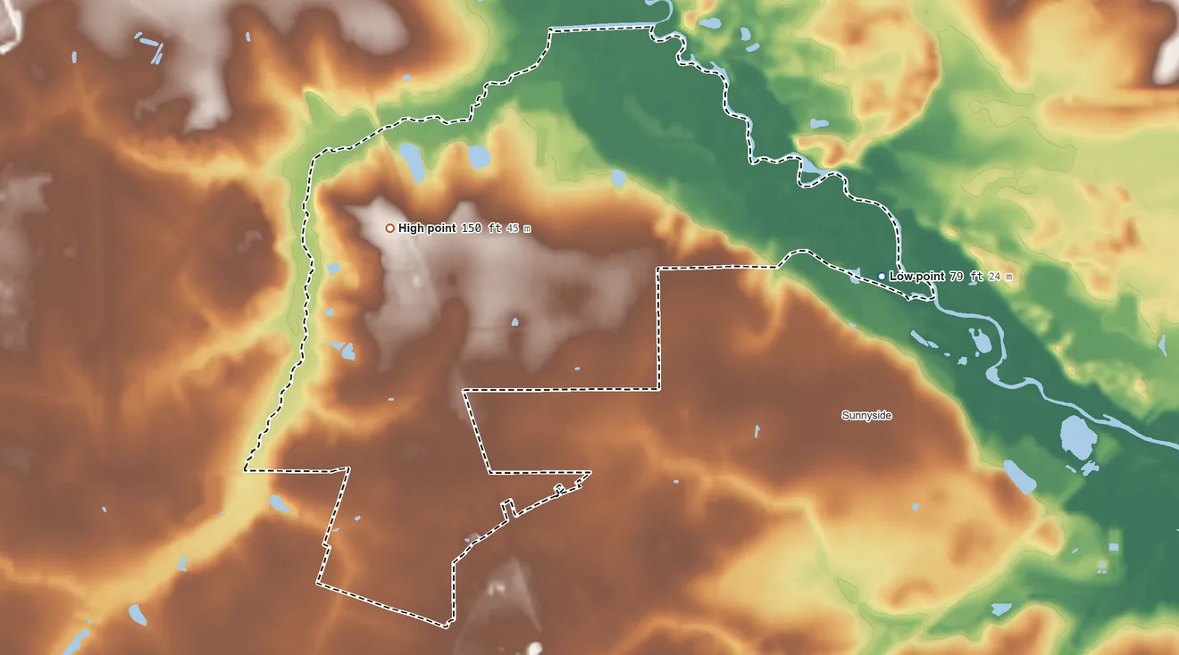 Topographic elevation map of Deenwood, Georgia, shaded from 79 ft on the east side to 150 ft on the northwest side