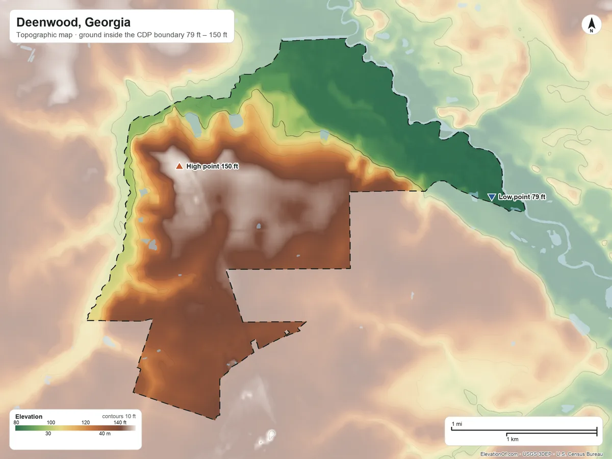 Topographic elevation map of Deenwood, Georgia, shaded from 79 ft on the east side to 150 ft on the northwest side