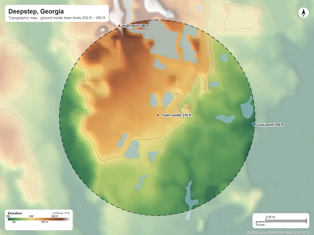 Topographic elevation map of Deepstep, Georgia, shaded from 250 ft on the east side to 380 ft on the northwest side