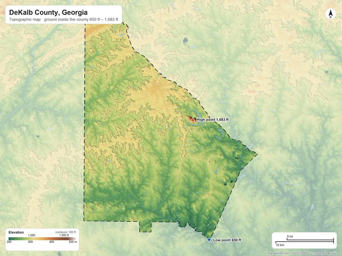 Topographic elevation map of DeKalb County, Georgia, shaded from 650 ft on the south side to 1,683 ft on Stone Mountain