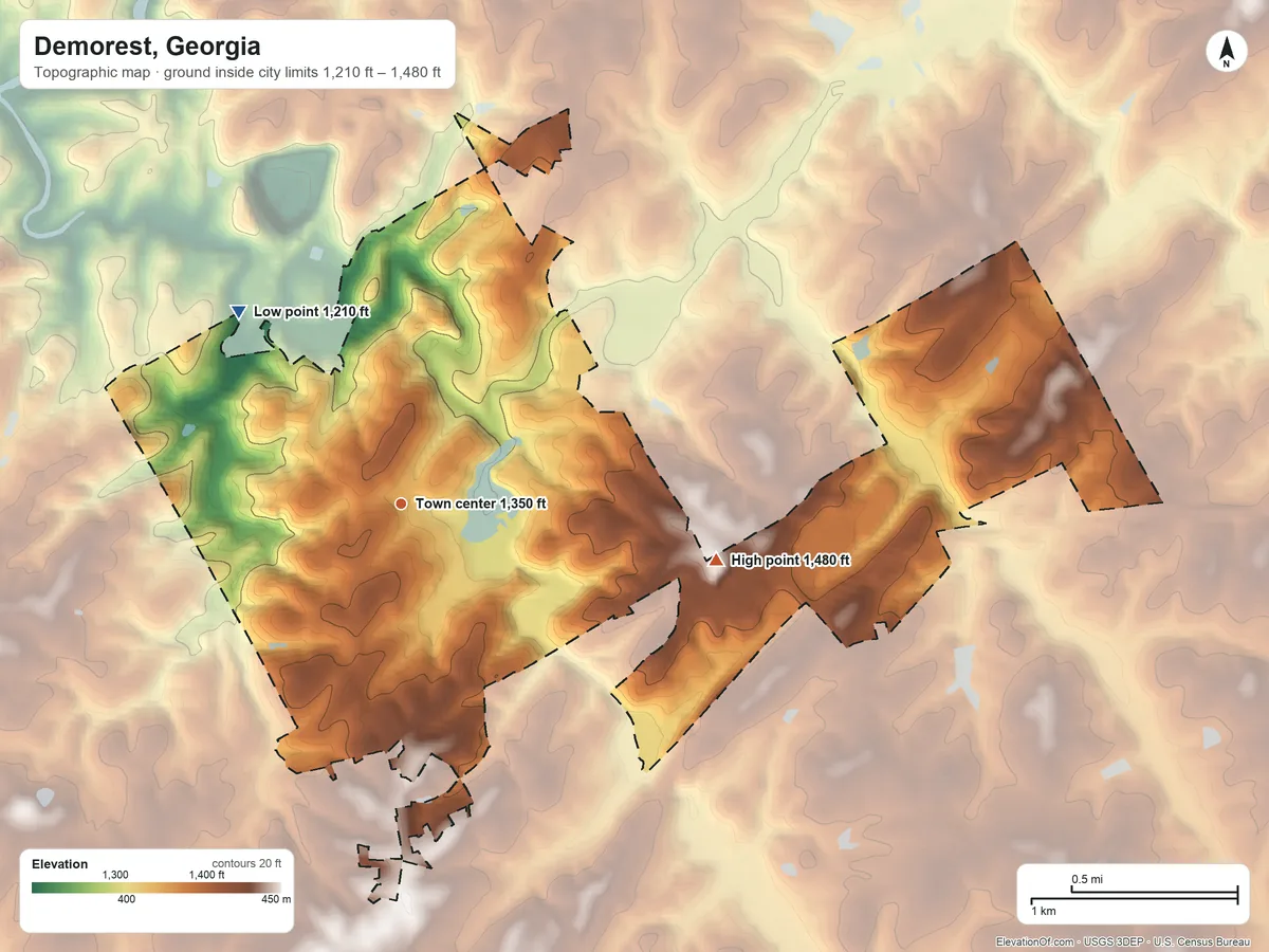 Topographic elevation map of Demorest, Georgia, shaded from 1,210 ft on the northwest side to 1,480 ft on the east side