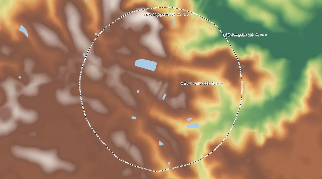 Topographic elevation map of Denton, Georgia, shaded from 210 ft on the northeast side to 270 ft on the northwest side