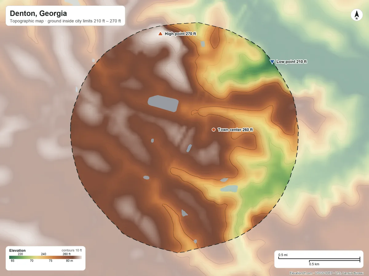 Topographic elevation map of Denton, Georgia, shaded from 210 ft on the northeast side to 270 ft on the northwest side