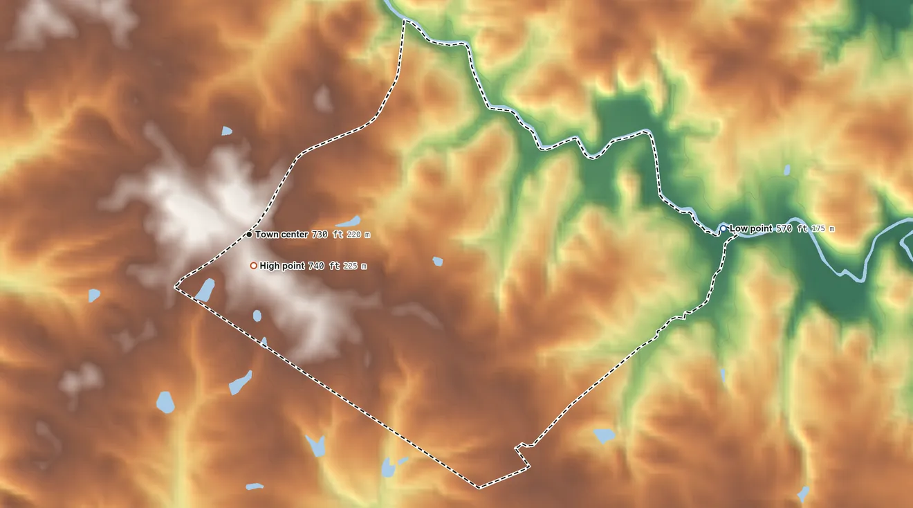 Topographic elevation map of Dewy Rose, Georgia, shaded from 570 ft on the east side to 740 ft near the middle