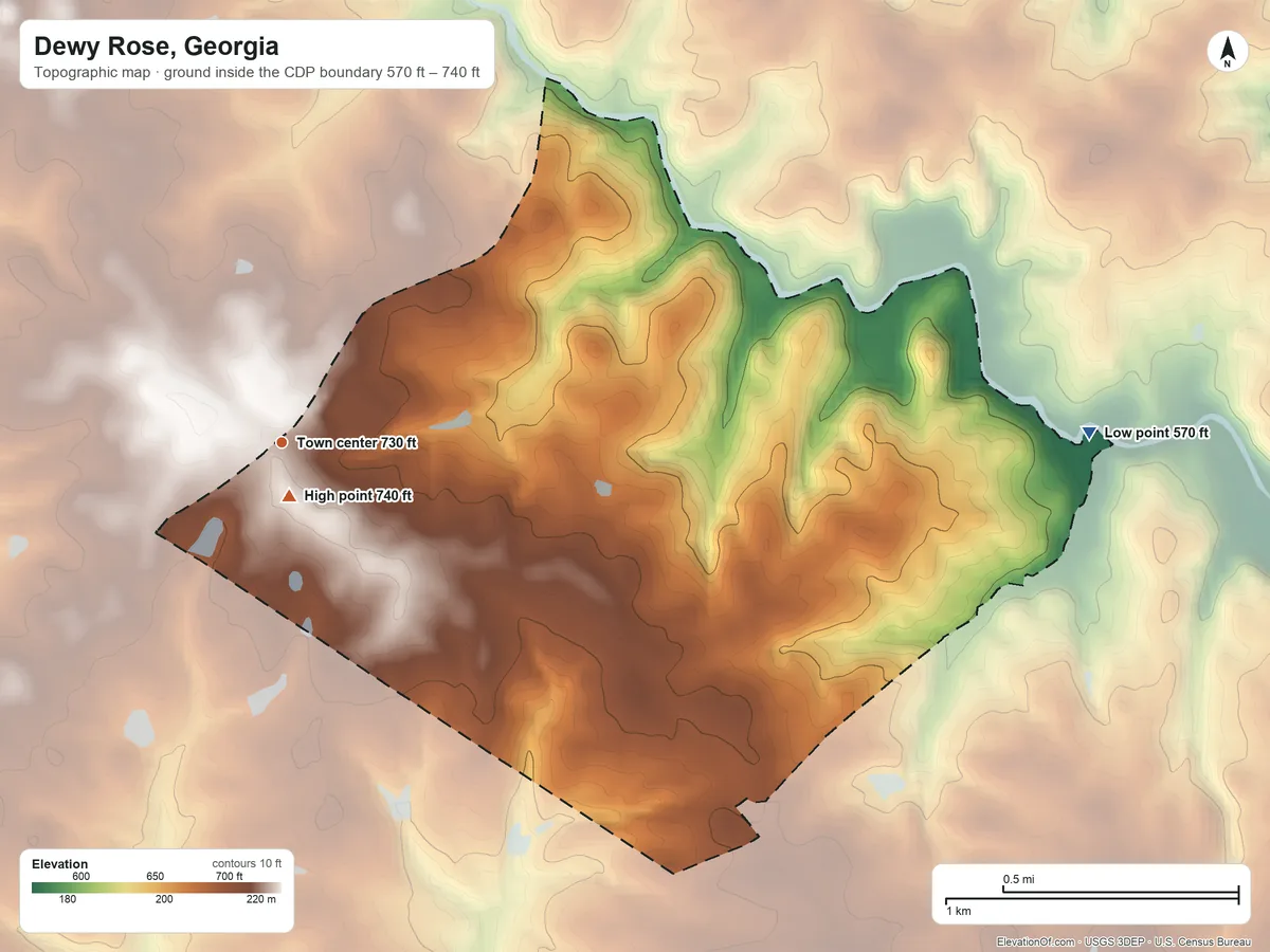Topographic elevation map of Dewy Rose, Georgia, shaded from 570 ft on the east side to 740 ft near the middle
