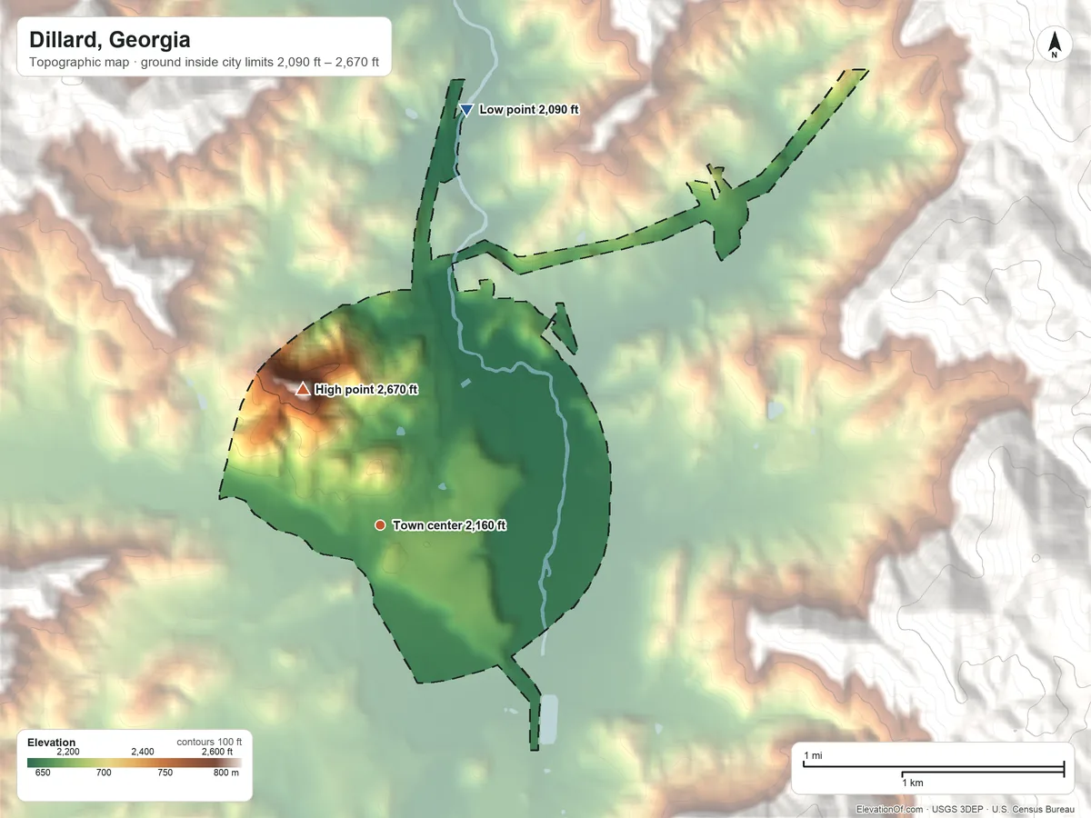 Topographic elevation map of Dillard, Georgia, shaded from 2,090 ft on the north side to 2,670 ft on George Mountain