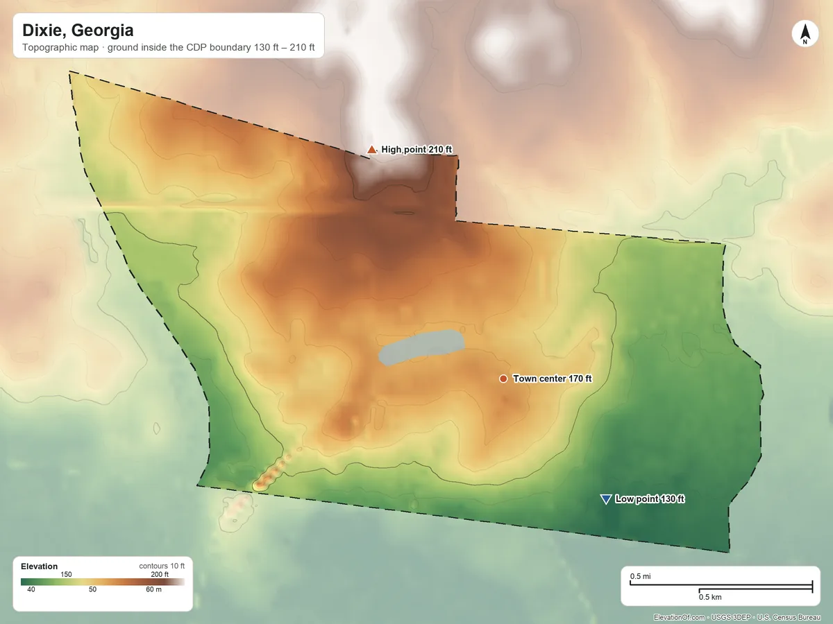 Topographic elevation map of Dixie, Georgia, shaded from 130 ft on the southeast side to 210 ft on the northwest side