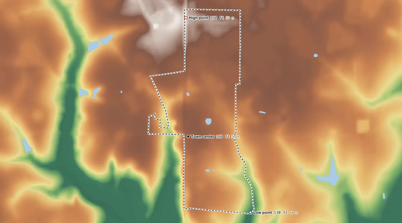 Topographic elevation map of Dixie Union, Georgia, shaded from 130 ft on the southeast side to 170 ft on the north side