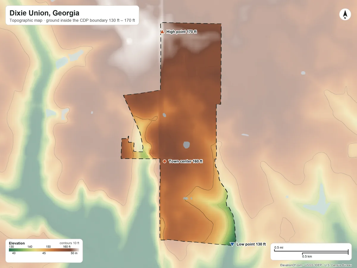 Topographic elevation map of Dixie Union, Georgia, shaded from 130 ft on the southeast side to 170 ft on the north side