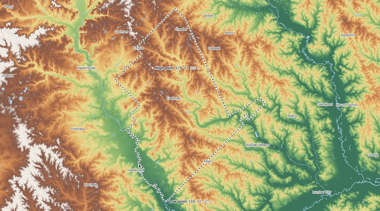 Topographic elevation map of Dodge County, Georgia, shaded from 160 ft on the south side to 420 ft on the northwest side