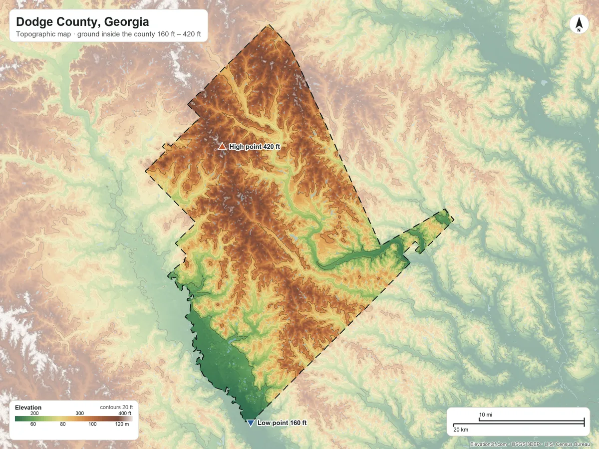 Topographic elevation map of Dodge County, Georgia, shaded from 160 ft on the south side to 420 ft on the northwest side