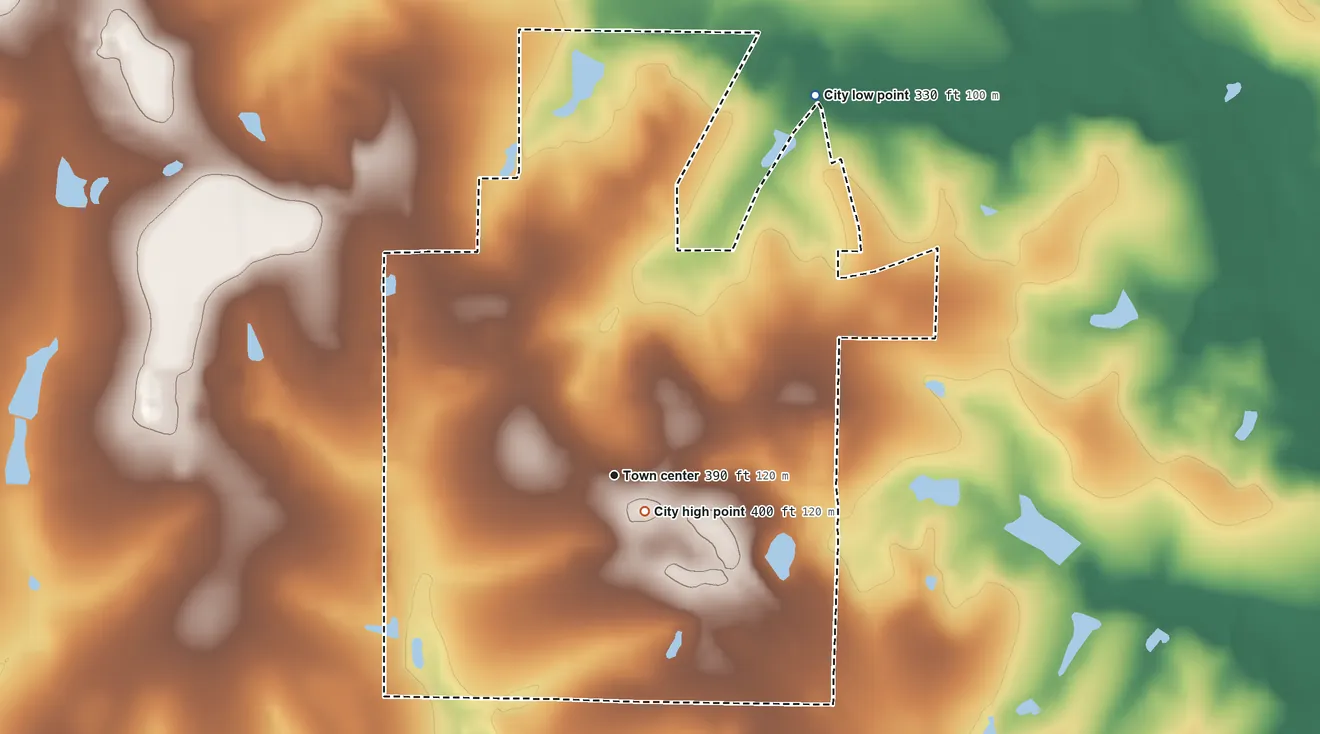 Topographic elevation map of Doerun, Georgia, shaded from 330 ft on the northeast side to 400 ft near the middle