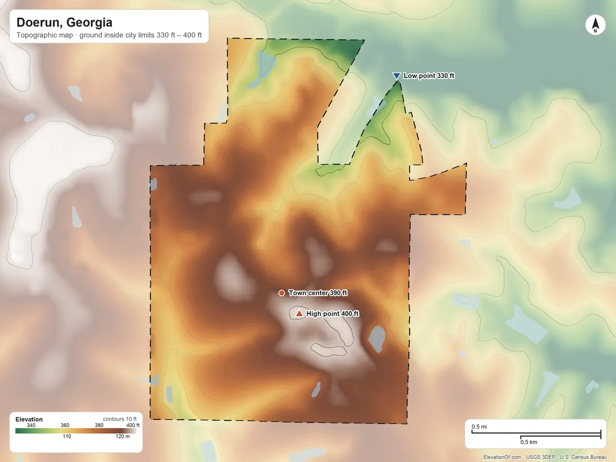 Topographic elevation map of Doerun, Georgia, shaded from 330 ft on the northeast side to 400 ft near the middle
