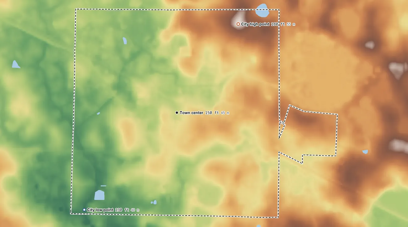 Topographic elevation map of Donalsonville, Georgia, shaded from 130 ft on the southwest side to 180 ft on the northeast side