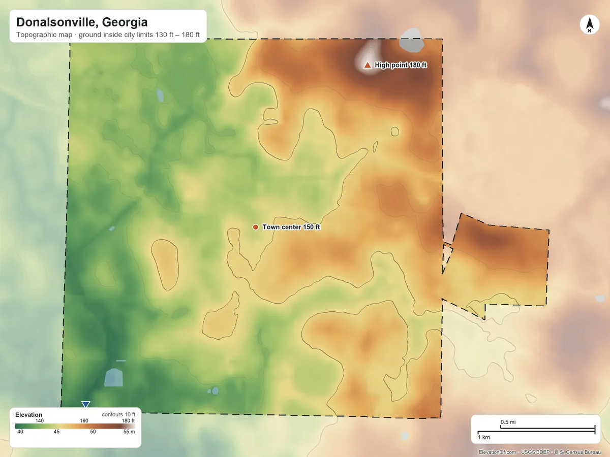Topographic elevation map of Donalsonville, Georgia, shaded from 130 ft on the southwest side to 180 ft on the northeast side
