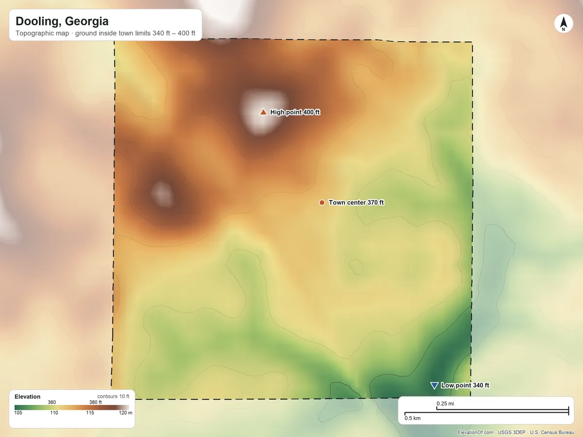 Topographic elevation map of Dooling, Georgia, shaded from 340 ft on the southeast side to 400 ft on the northwest side