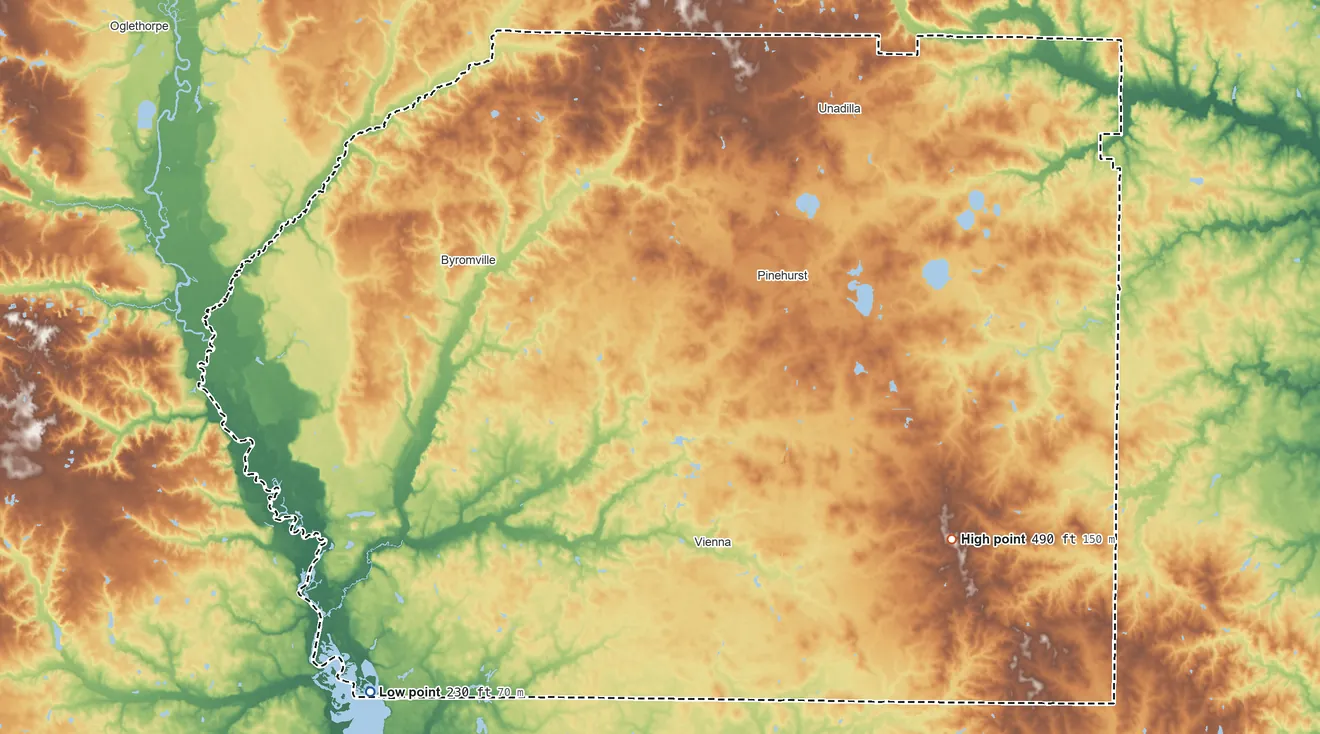Topographic elevation map of Dooly County, Georgia, shaded from 230 ft on the southwest side to 490 ft on the southeast side