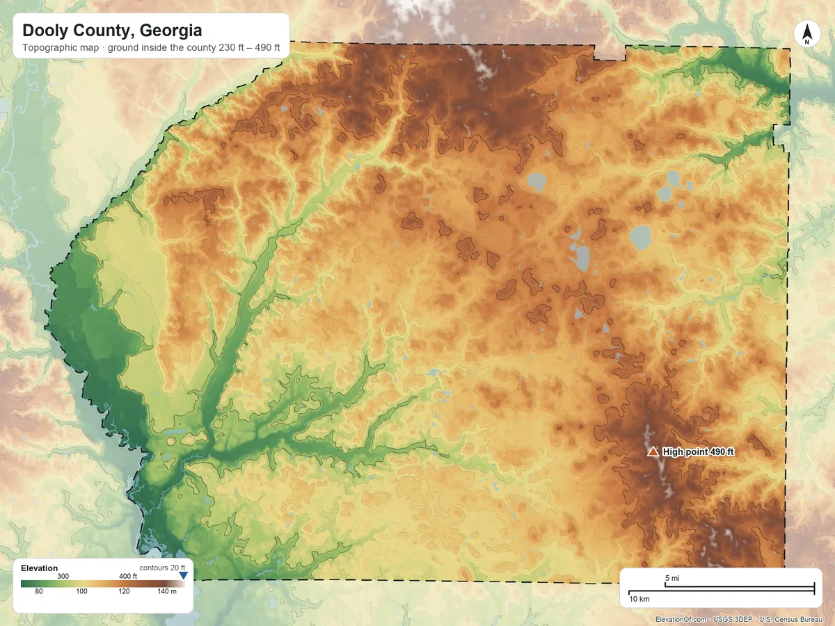 Topographic elevation map of Dooly County, Georgia, shaded from 230 ft on the southwest side to 490 ft on the southeast side