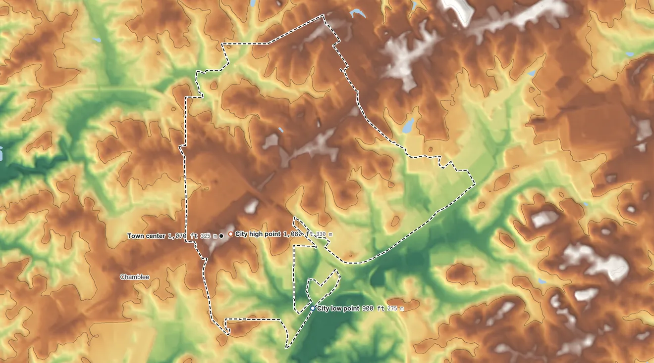 Topographic elevation map of Doraville, Georgia, shaded from 900 ft on the southeast side to 1,080 ft near the middle