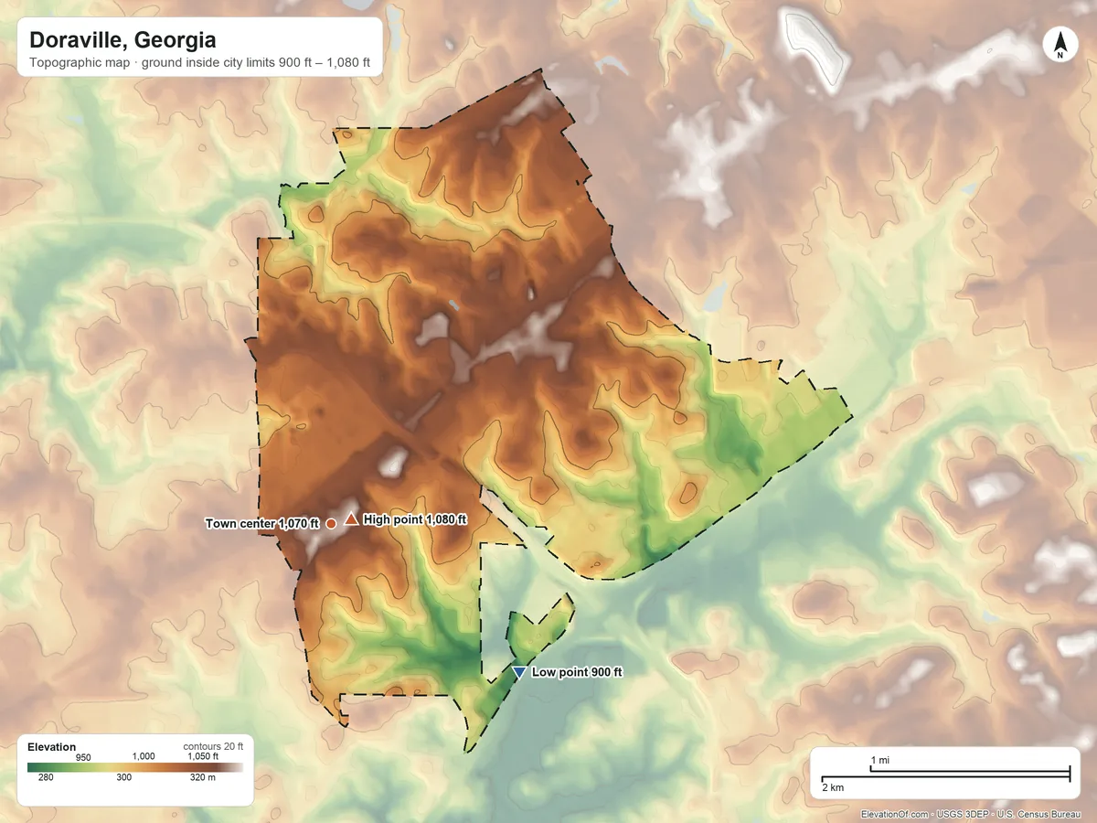 Topographic elevation map of Doraville, Georgia, shaded from 900 ft on the southeast side to 1,080 ft near the middle