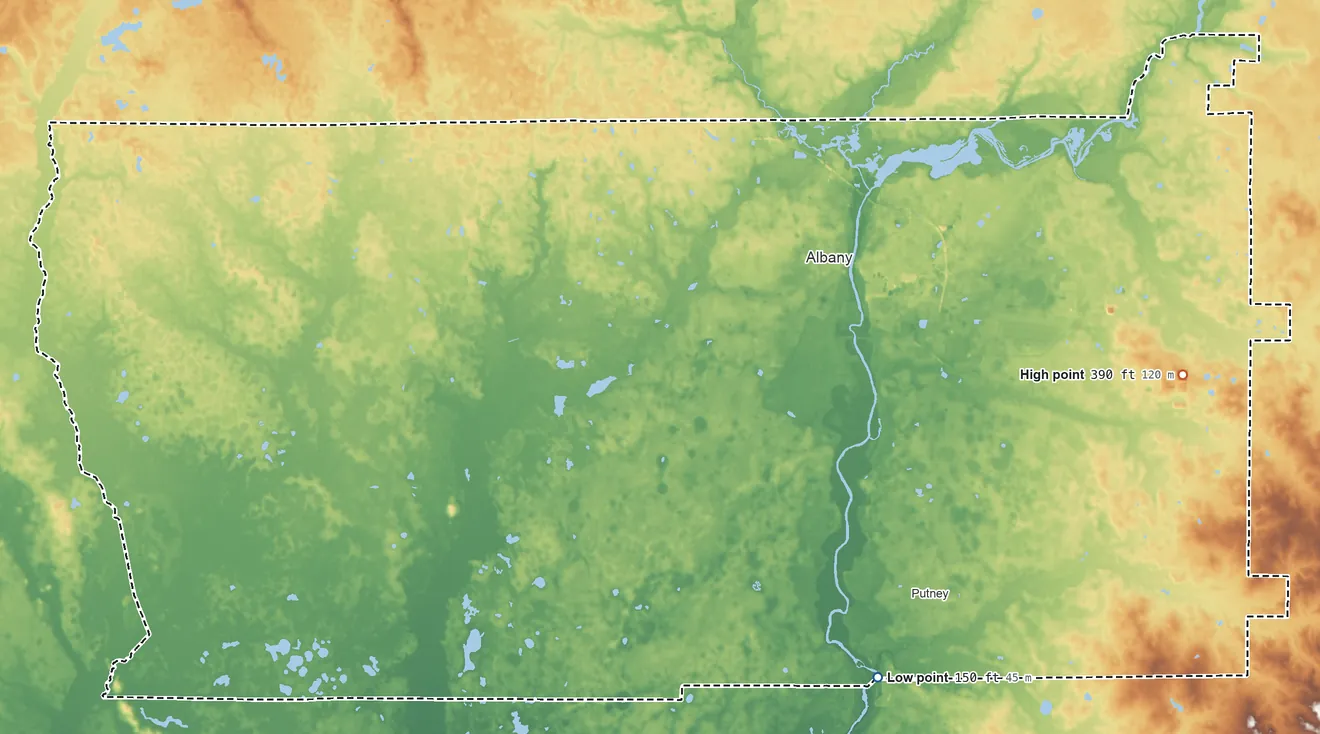 Topographic elevation map of Dougherty County, Georgia, shaded from 150 ft on the southeast side to 390 ft on the east side