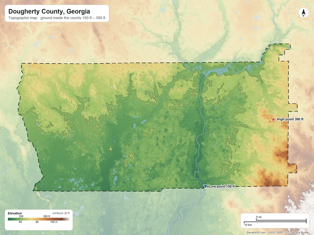 Topographic elevation map of Dougherty County, Georgia, shaded from 150 ft on the southeast side to 390 ft on the east side