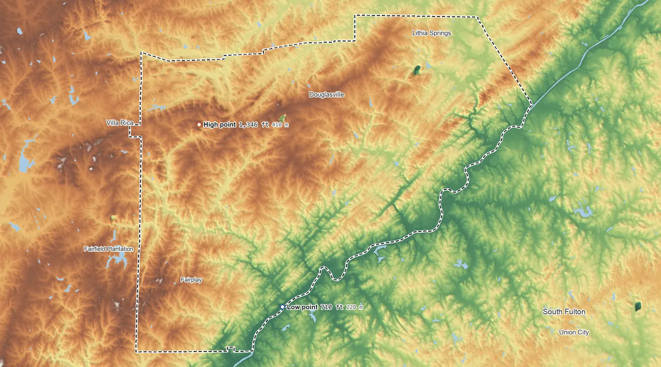 Topographic elevation map of Douglas County, Georgia, shaded from 710 ft on the south side to 1,346 ft on Andy Mountain