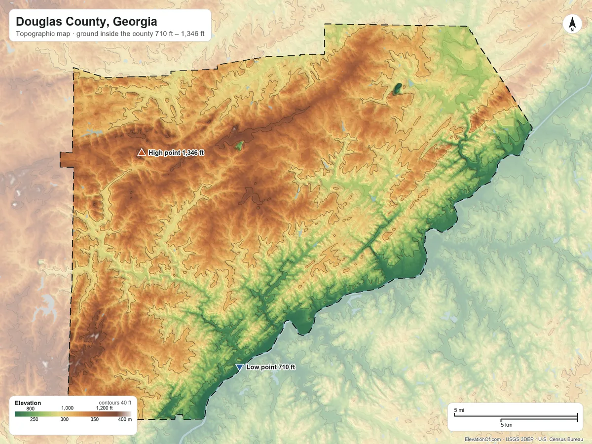 Topographic elevation map of Douglas County, Georgia, shaded from 710 ft on the south side to 1,346 ft on Andy Mountain