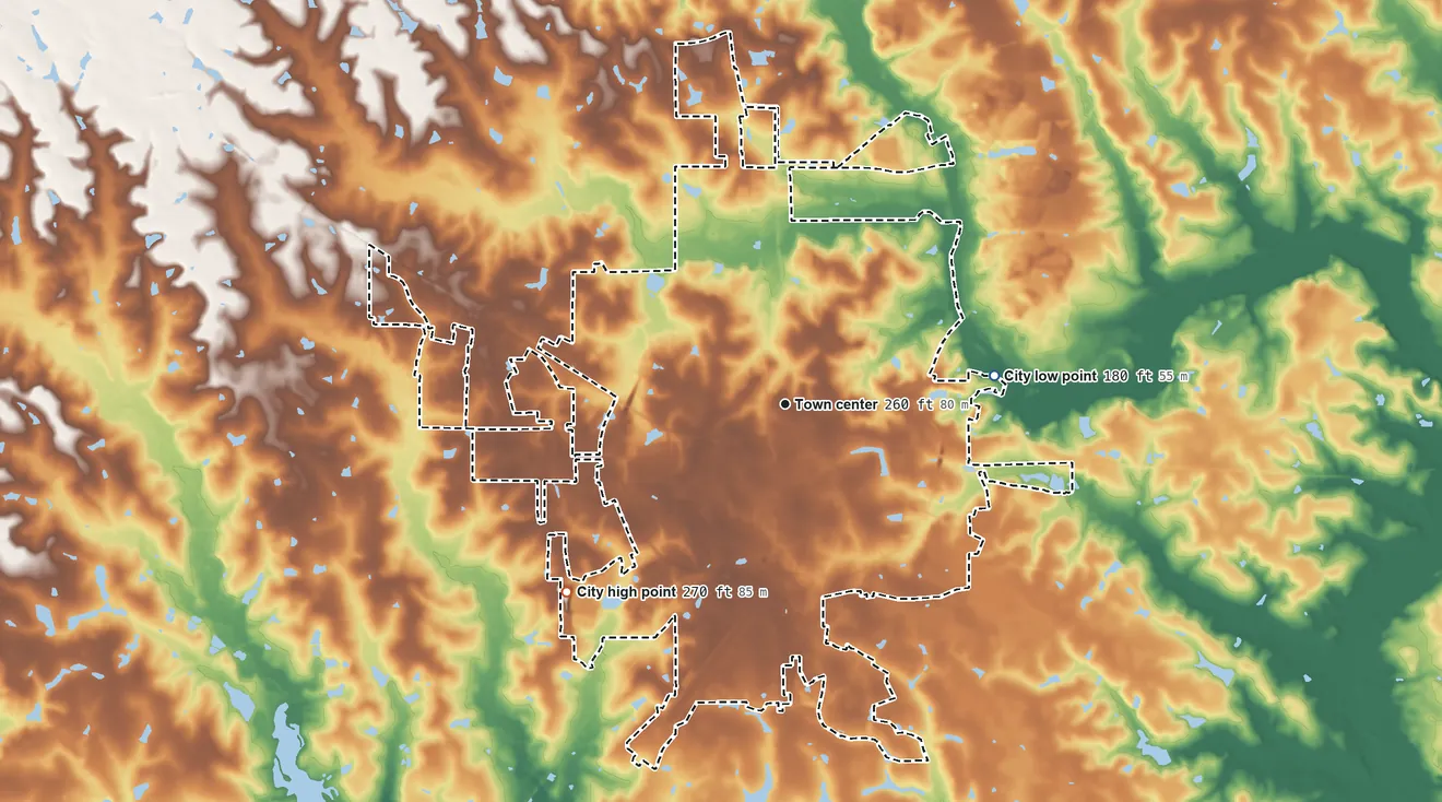 Topographic elevation map of Douglas, Georgia, shaded from 180 ft on the east side to 270 ft on the southwest side