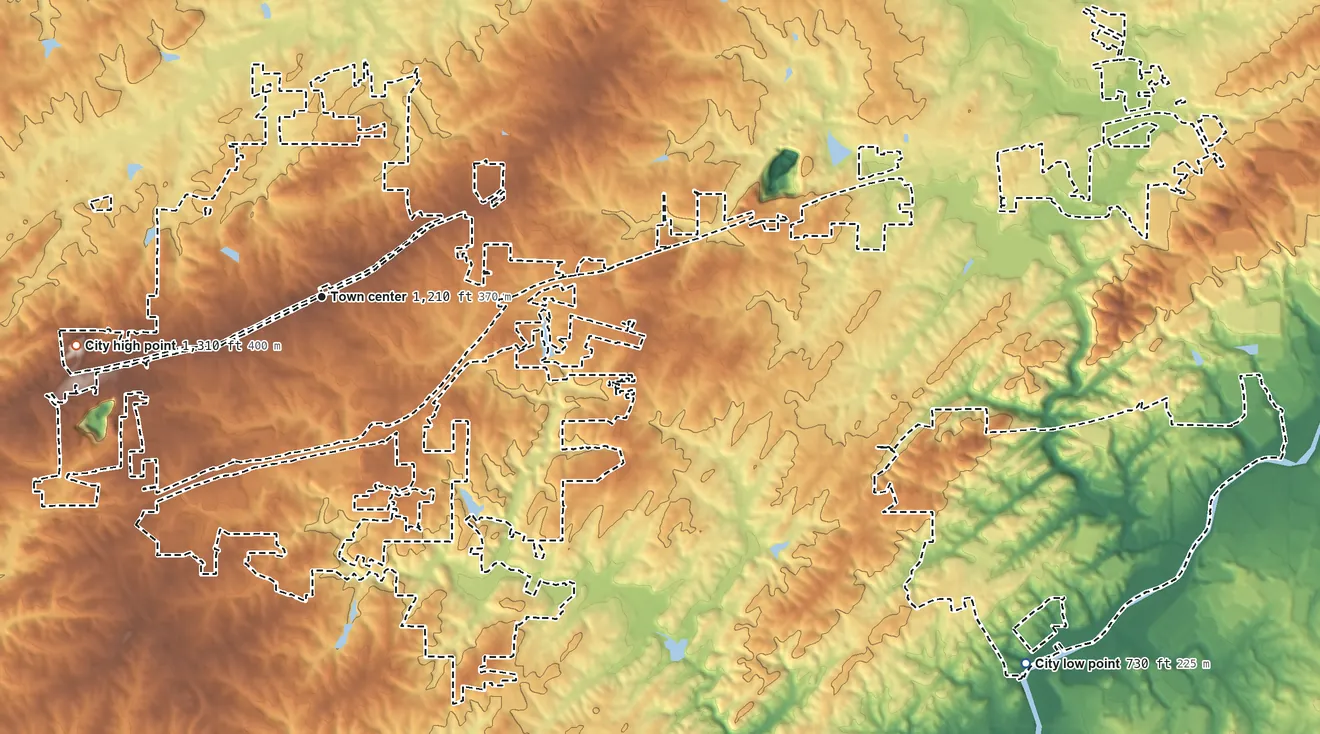 Topographic elevation map of Douglasville, Georgia, shaded from 730 ft on the southeast side to 1,310 ft on the west side