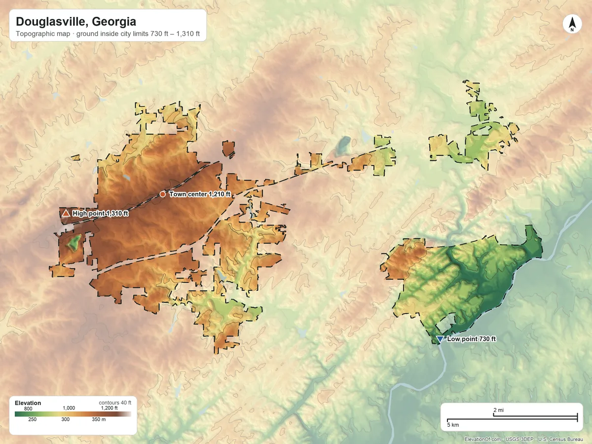 Topographic elevation map of Douglasville, Georgia, shaded from 730 ft on the southeast side to 1,310 ft on the west side
