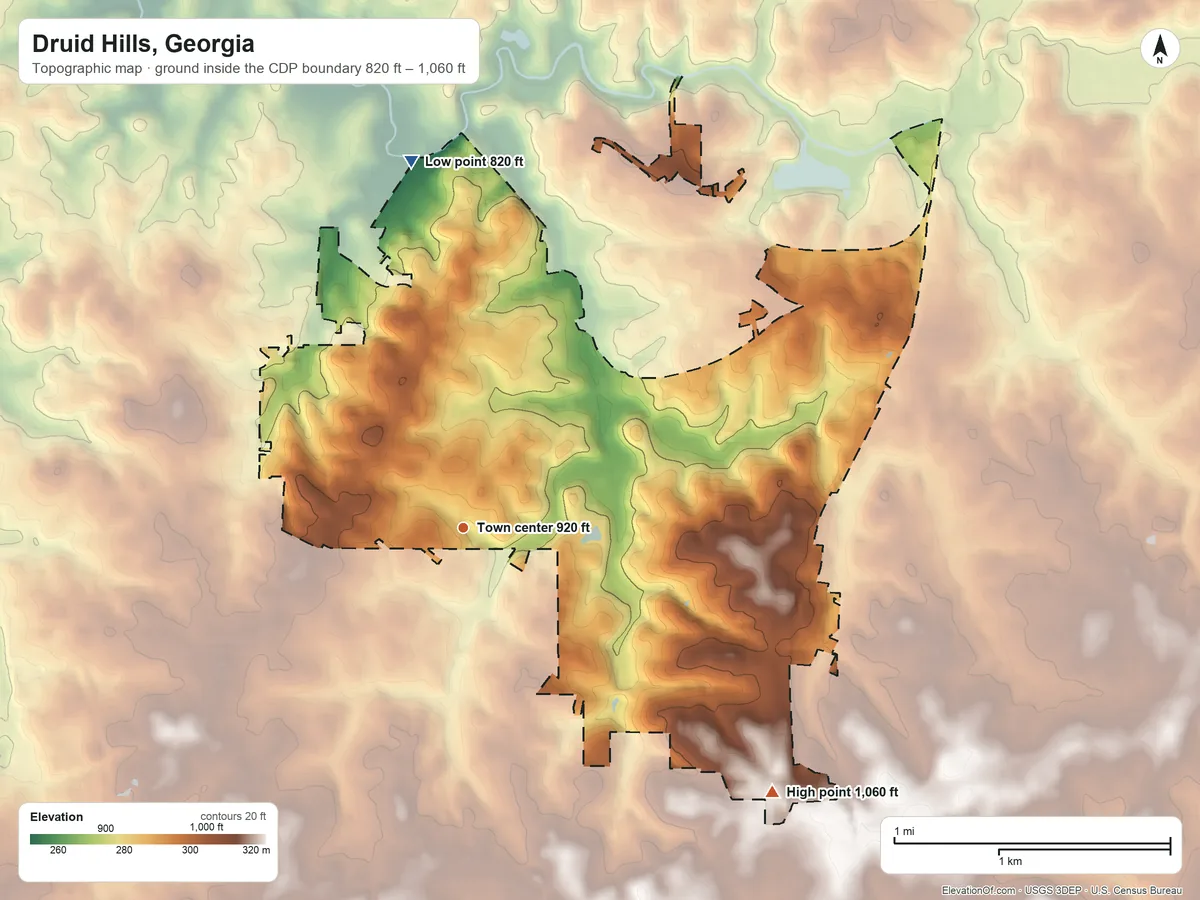 Topographic elevation map of Druid Hills, Georgia, shaded from 820 ft on the north side to 1,060 ft on the southeast side