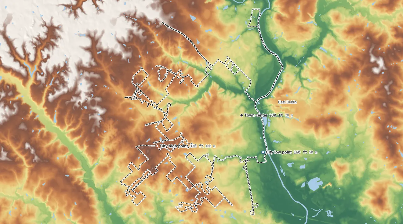 Topographic elevation map of Dublin, Georgia, shaded from 160 ft on the southeast side to 330 ft on the west side