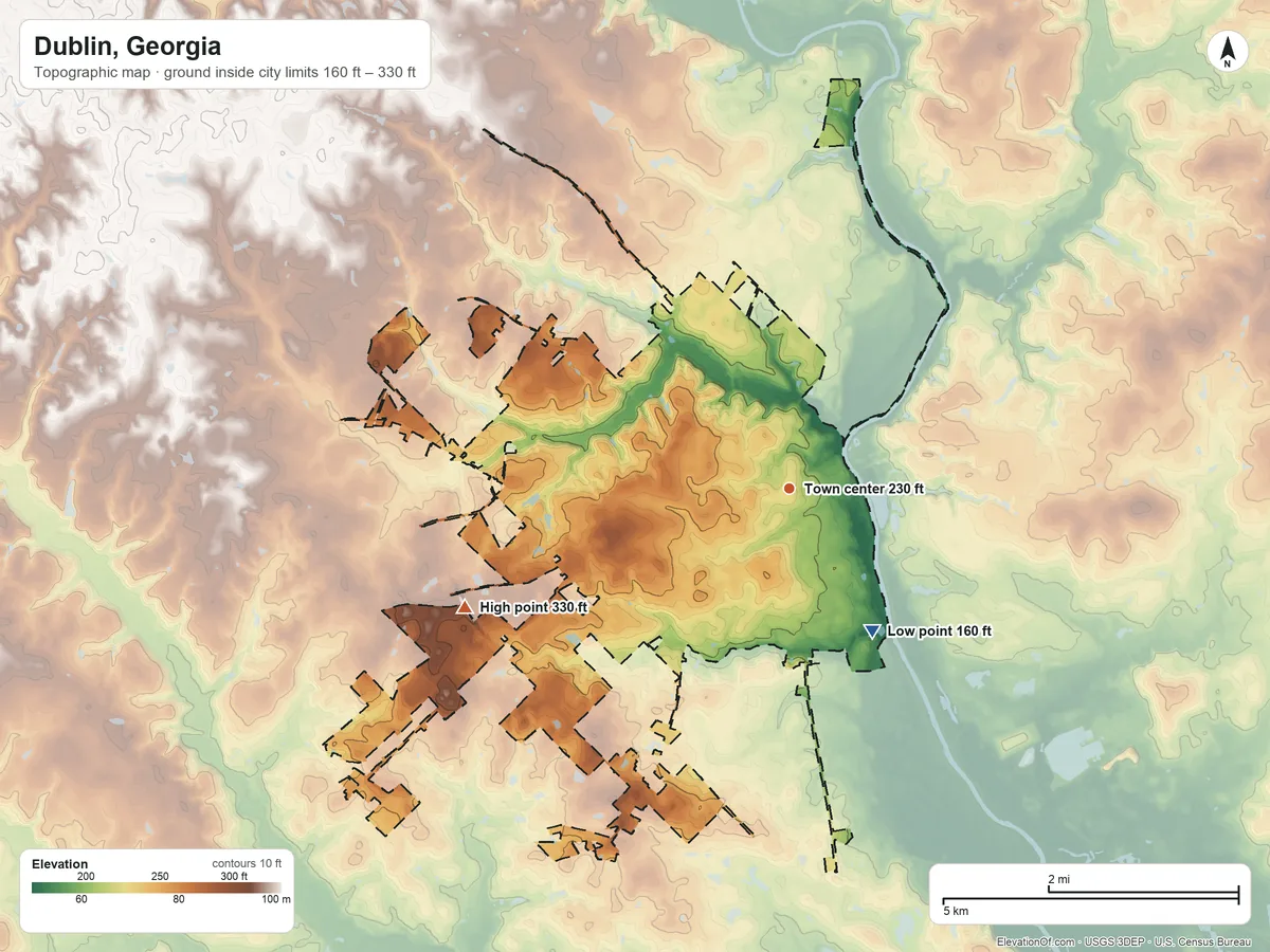 Topographic elevation map of Dublin, Georgia, shaded from 160 ft on the southeast side to 330 ft on the west side
