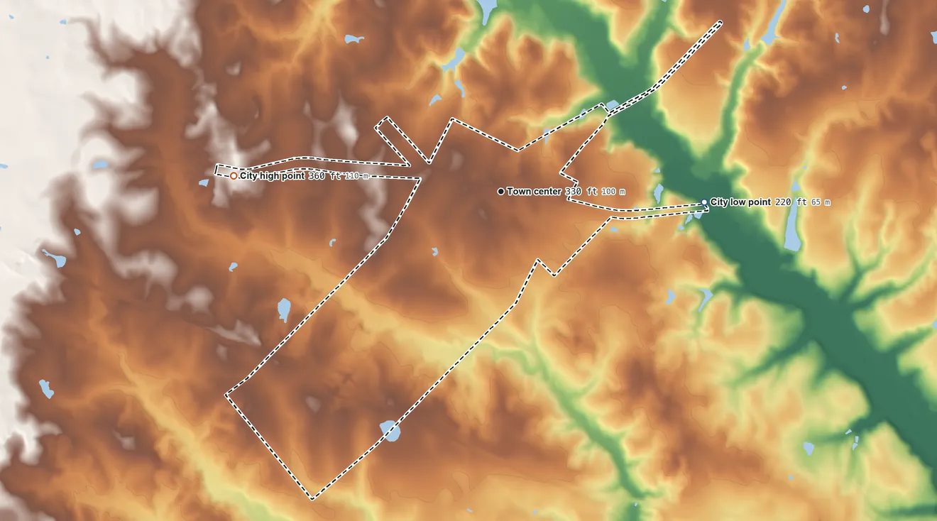 Topographic elevation map of Dudley, Georgia, shaded from 220 ft on the east side to 360 ft on the west side