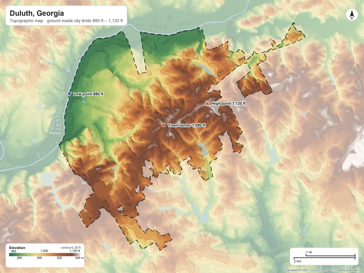 Topographic elevation map of Duluth, Georgia, shaded from 880 ft on the west side to 1,120 ft on the northeast side