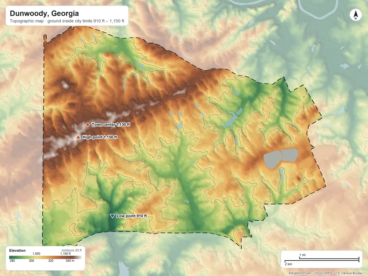 Topographic elevation map of Dunwoody, Georgia, shaded from 910 ft on the south side to 1,150 ft near the middle