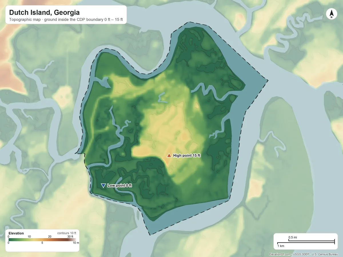 Topographic elevation map of Dutch Island, Georgia, shaded from 0 ft on the southwest side to 15 ft on the south side
