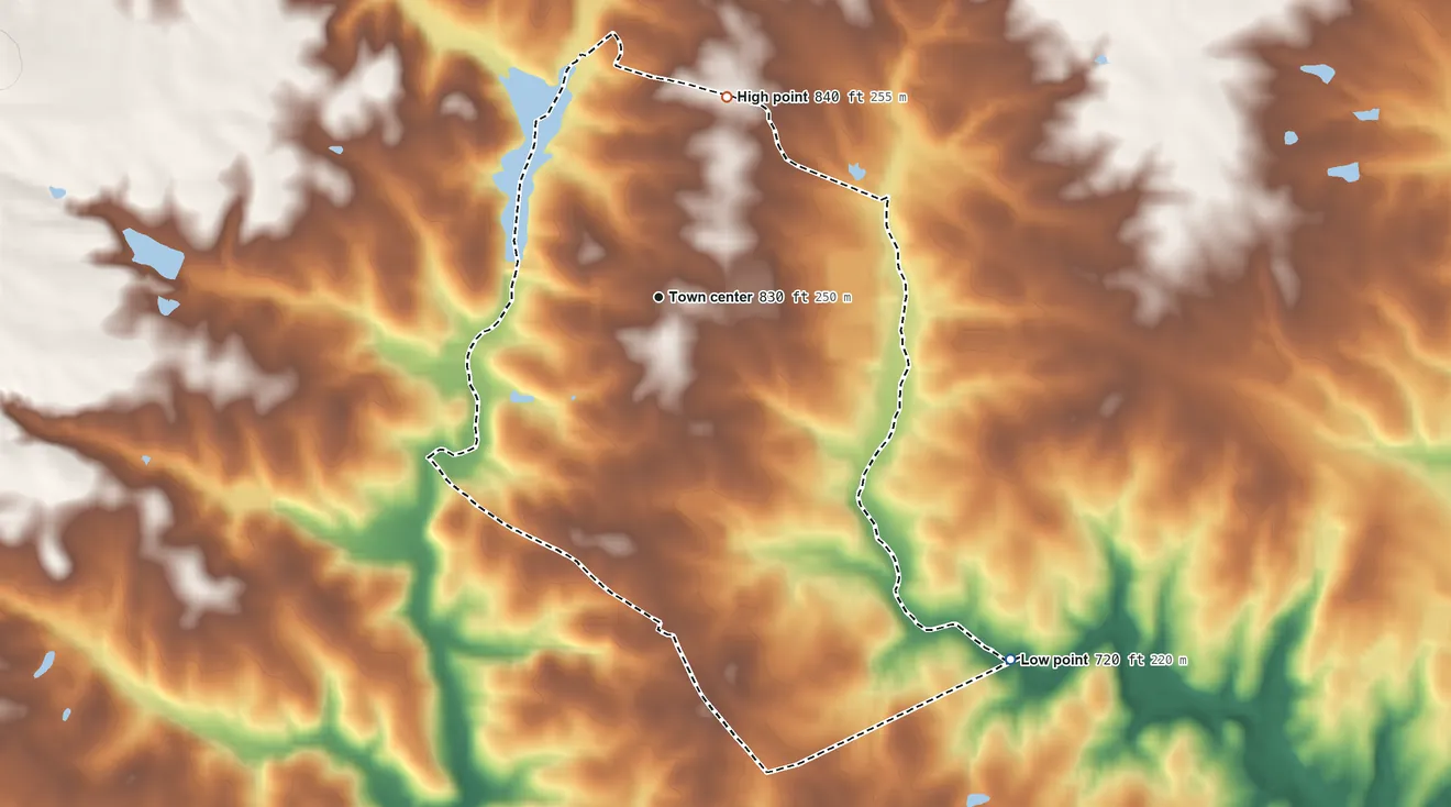 Topographic elevation map of Eagle Grove, Georgia, shaded from 720 ft on the southeast side to 840 ft on the north side