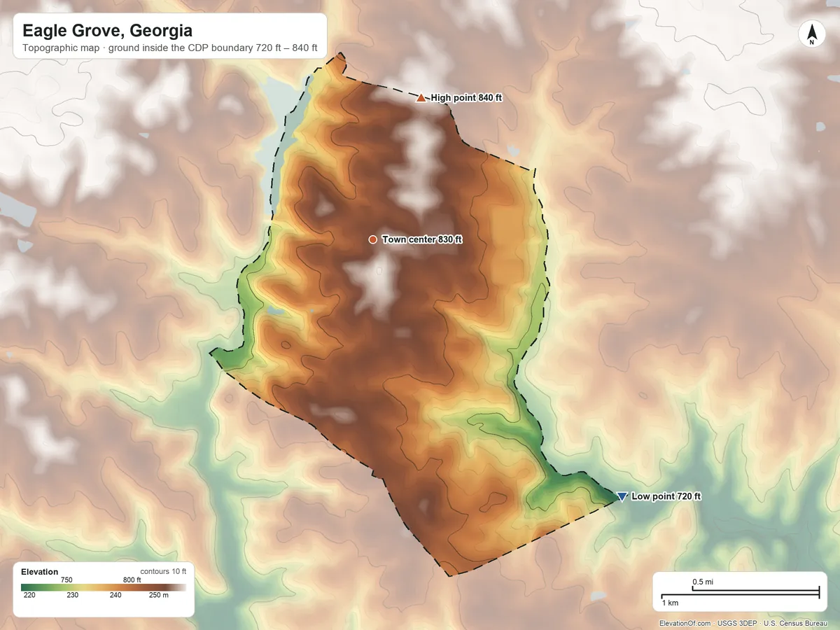 Topographic elevation map of Eagle Grove, Georgia, shaded from 720 ft on the southeast side to 840 ft on the north side