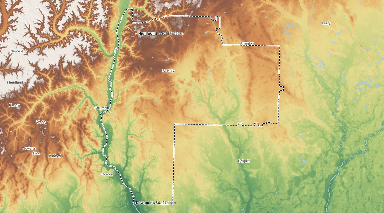 Topographic elevation map of Early County, Georgia, shaded from 86 ft on the southwest side to 350 ft on the northwest side