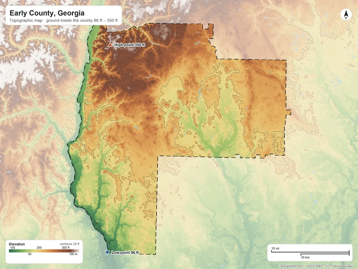 Topographic elevation map of Early County, Georgia, shaded from 86 ft on the southwest side to 350 ft on the northwest side