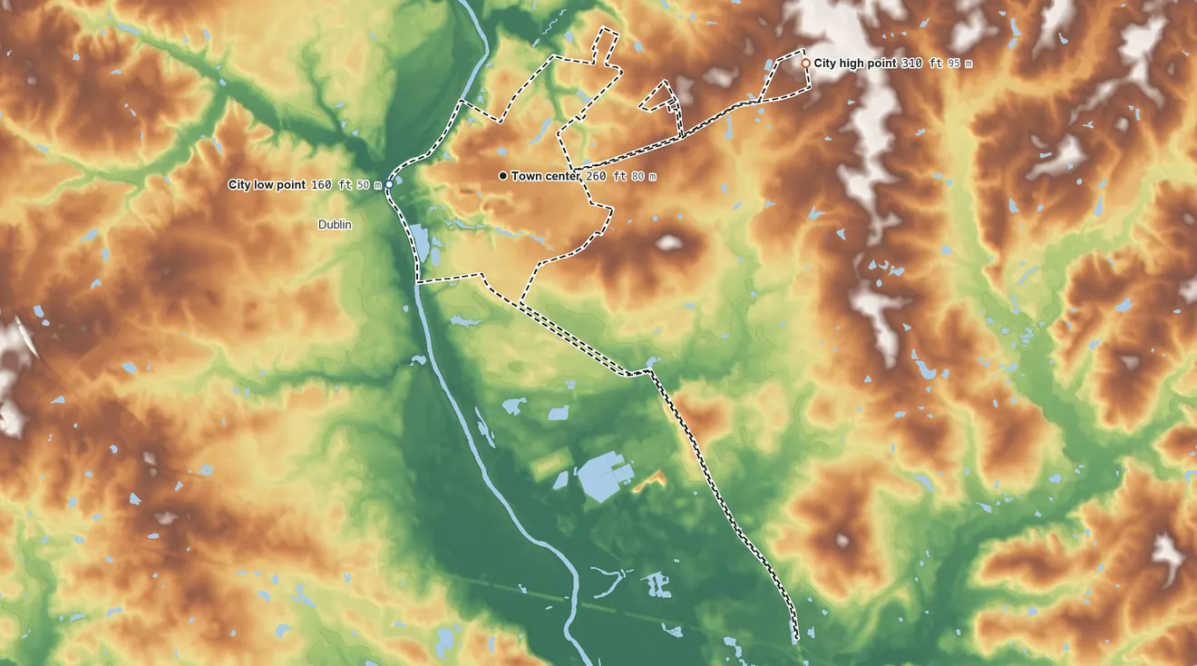 Topographic elevation map of East Dublin, Georgia, shaded from 160 ft on the west side to 310 ft on the east side